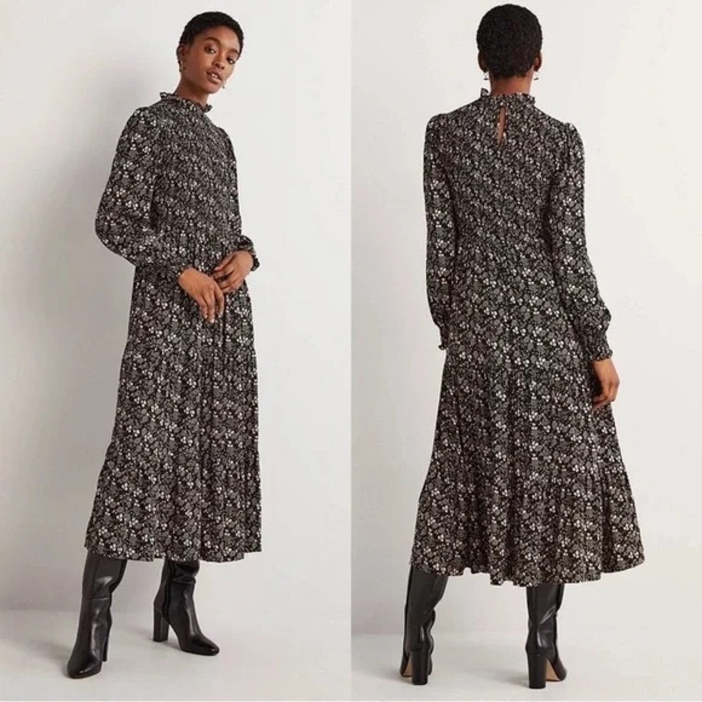Boden Black Floral Long Sleeve Smocked Tiered High Neck Midi Dress